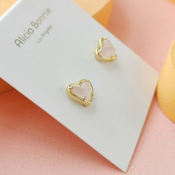 Alicia Bonnie - in Love Rose Quartz Gold Heart Stud Earrings - NEW - Picture 2 of 3